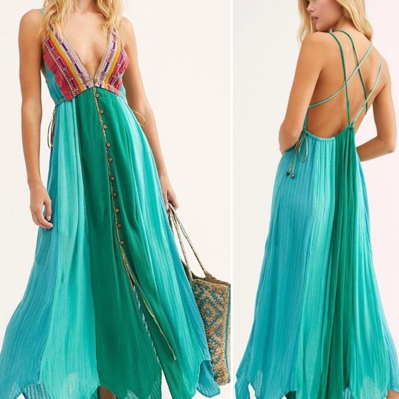 Free People l Teal Blue Bohemian Scarf Maxi Dress Music Festiva Whimsical Small - Picture 1 of 10